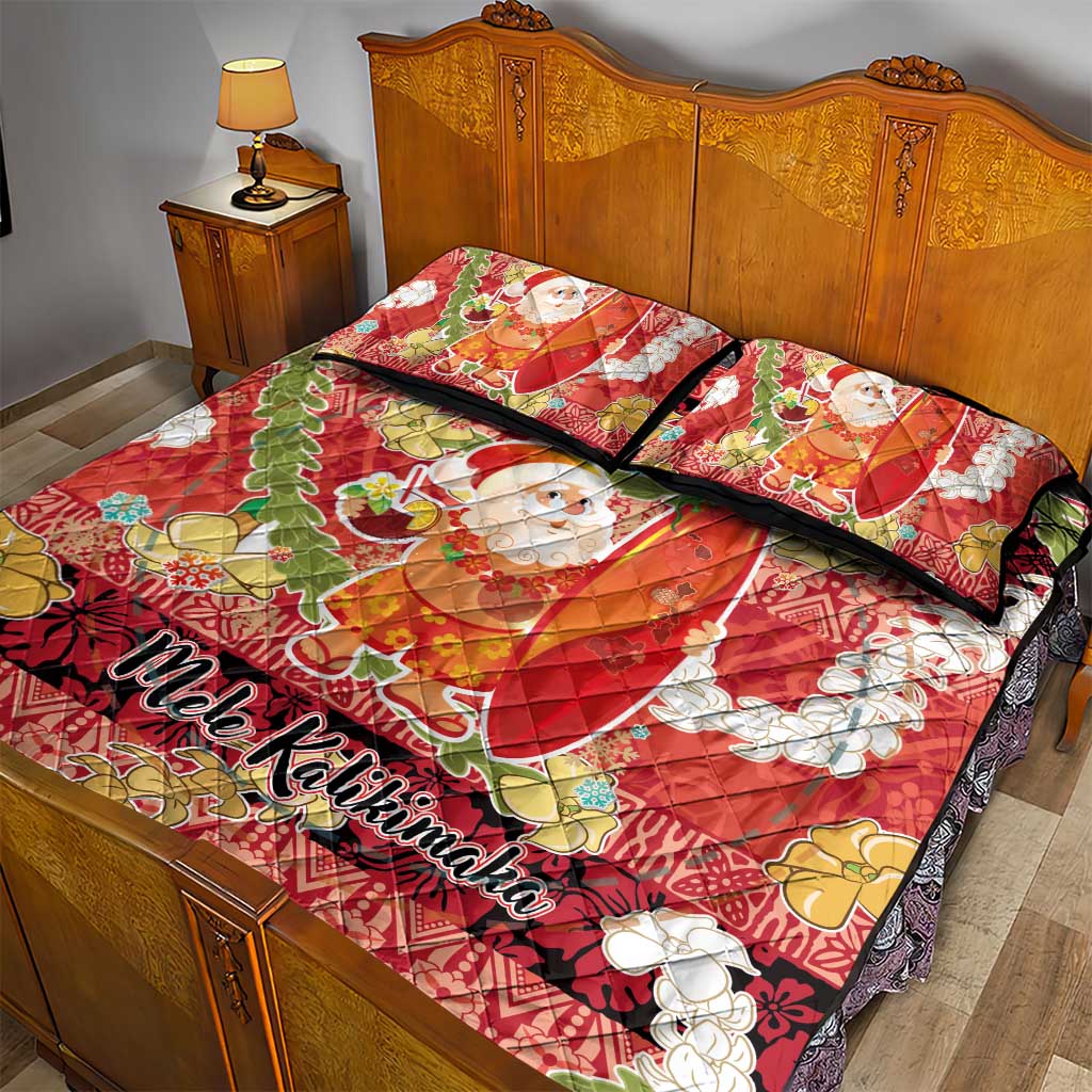 Hawaii Santa Mele Kalikimaka Quilt Bed Set Tropical Puakenikeni Lei with Polynesian Tribal Pattern - Polynesian Pride