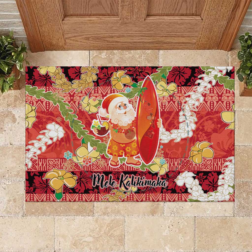 Hawaii Santa Mele Kalikimaka Rubber Doormat Tropical Puakenikeni Lei with Polynesian Tribal Pattern LT03 Red - Polynesian Pride