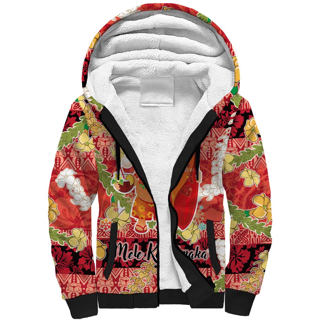 Hawaii Santa Mele Kalikimaka Sherpa Hoodie Tropical Puakenikeni Lei with Polynesian Tribal Pattern - Polynesian Pride