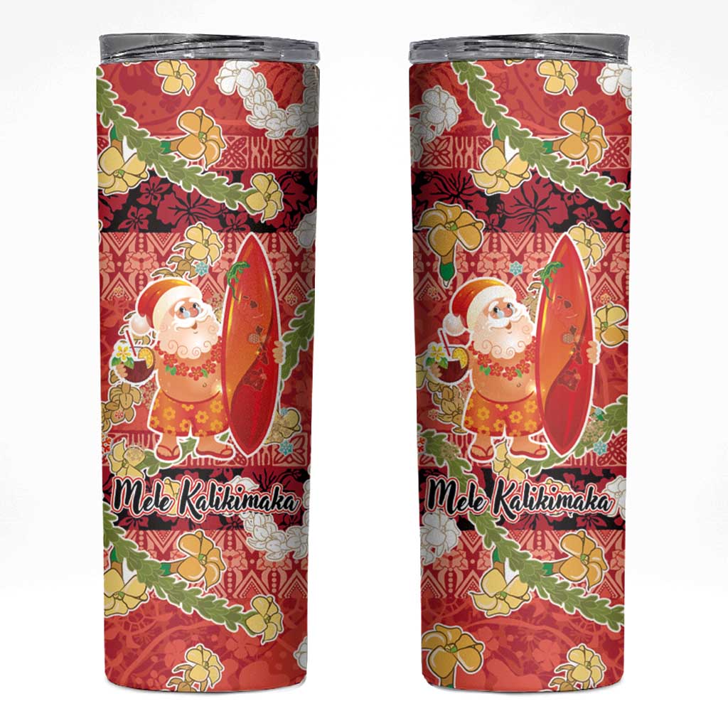 Hawaii Santa Mele Kalikimaka Skinny Tumbler Tropical Puakenikeni Lei with Polynesian Tribal Pattern - Polynesian Pride