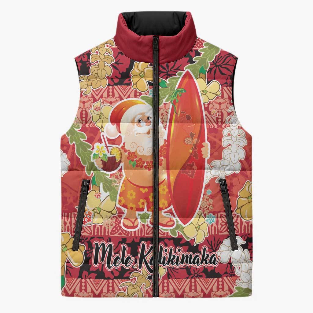Hawaii Santa Mele Kalikimaka Sleeveless Puffer Jacket Tropical Puakenikeni Lei with Polynesian Tribal Pattern LT03 Unisex Red - Polynesian Pride