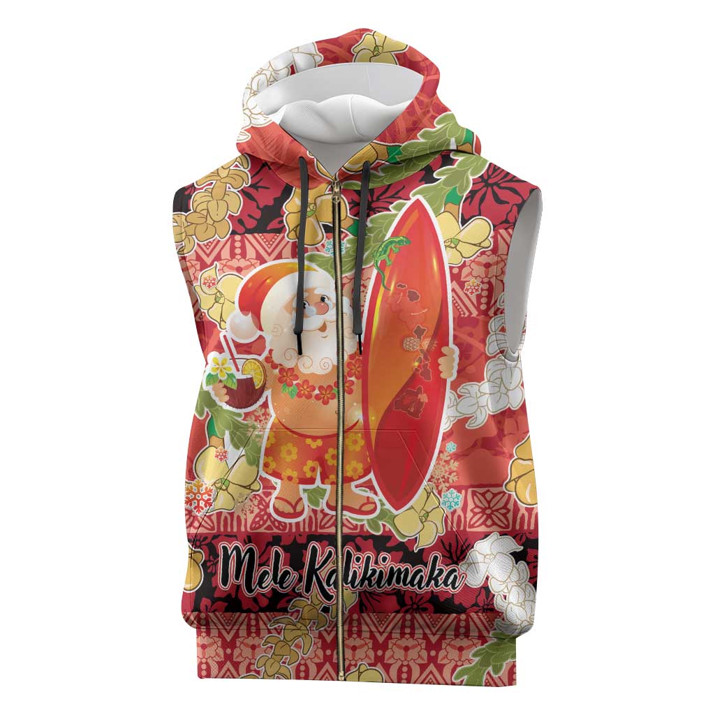 Hawaii Santa Mele Kalikimaka Sleeveless Zip Hoodie Tropical Puakenikeni Lei with Polynesian Tribal Pattern - Polynesian Pride