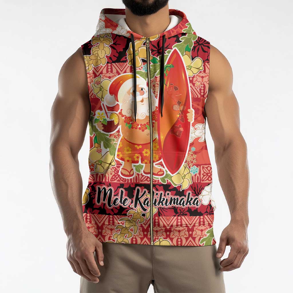 Hawaii Santa Mele Kalikimaka Sleeveless Zip Hoodie Tropical Puakenikeni Lei with Polynesian Tribal Pattern - Polynesian Pride