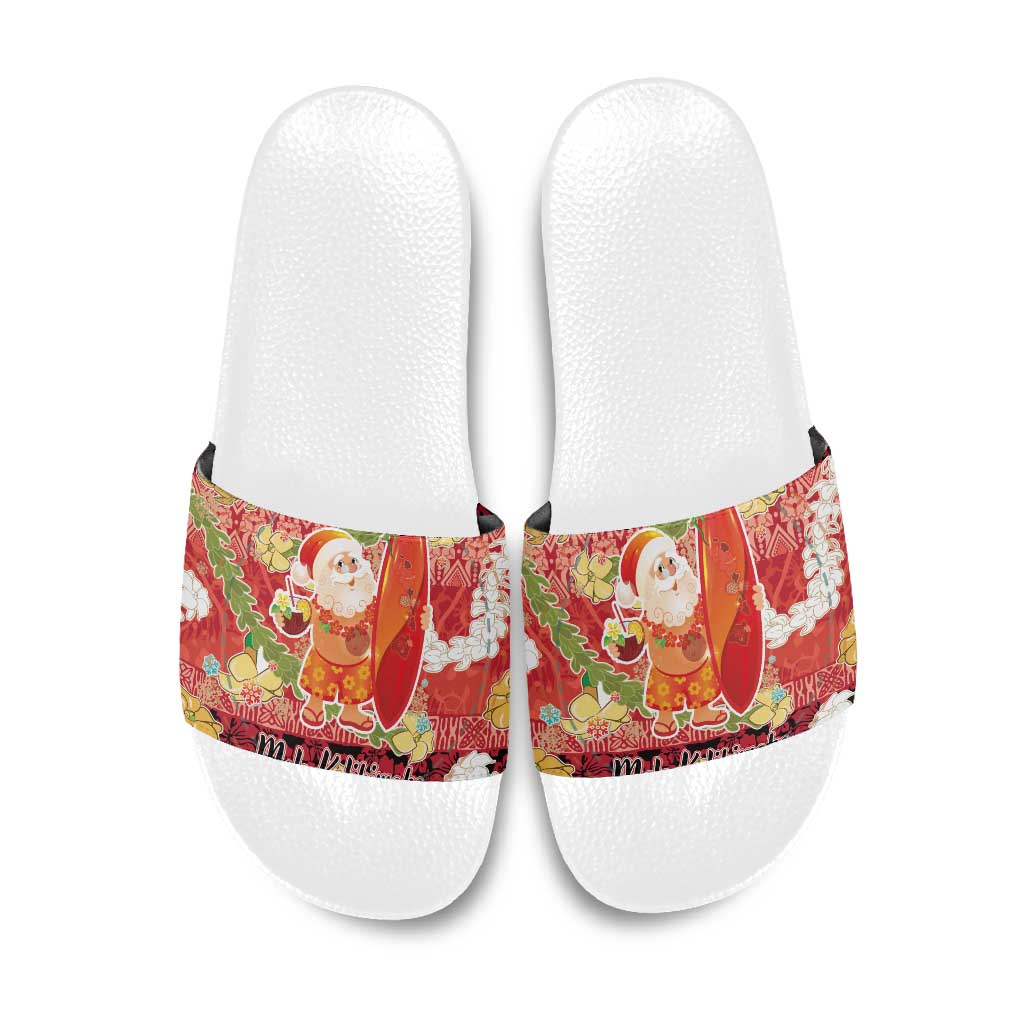 Hawaii Santa Mele Kalikimaka Slide Sandals Tropical Puakenikeni Lei with Polynesian Tribal Pattern - Polynesian Pride