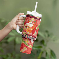 Hawaii Santa Mele Kalikimaka Tumbler With Handle Tropical Puakenikeni Lei with Polynesian Tribal Pattern - Polynesian Pride