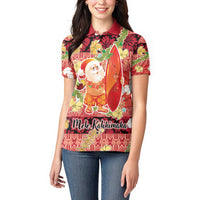 Hawaii Santa Mele Kalikimaka Women Polo Shirt Tropical Puakenikeni Lei with Polynesian Tribal Pattern - Polynesian Pride