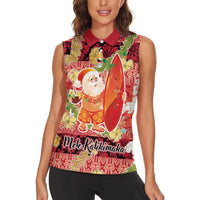 Hawaii Santa Mele Kalikimaka Women Sleeveless Polo Shirt Tropical Puakenikeni Lei with Polynesian Tribal Pattern - Polynesian Pride