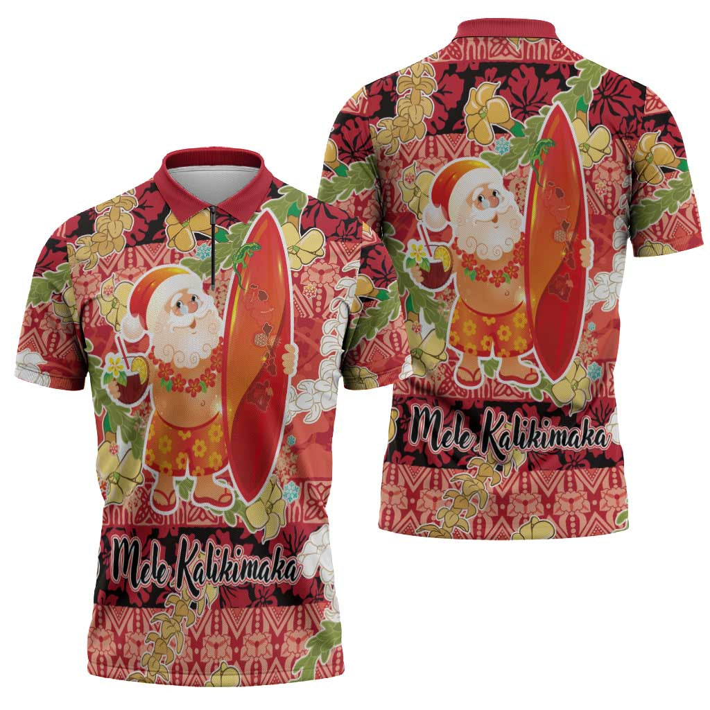 Hawaii Santa Mele Kalikimaka Zipper Polo Shirt Tropical Puakenikeni Lei with Polynesian Tribal Pattern - Polynesian Pride