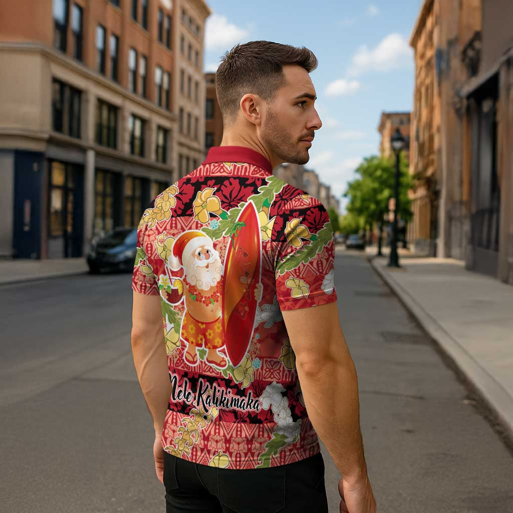 Hawaii Santa Mele Kalikimaka Zipper Polo Shirt Tropical Puakenikeni Lei with Polynesian Tribal Pattern - Polynesian Pride