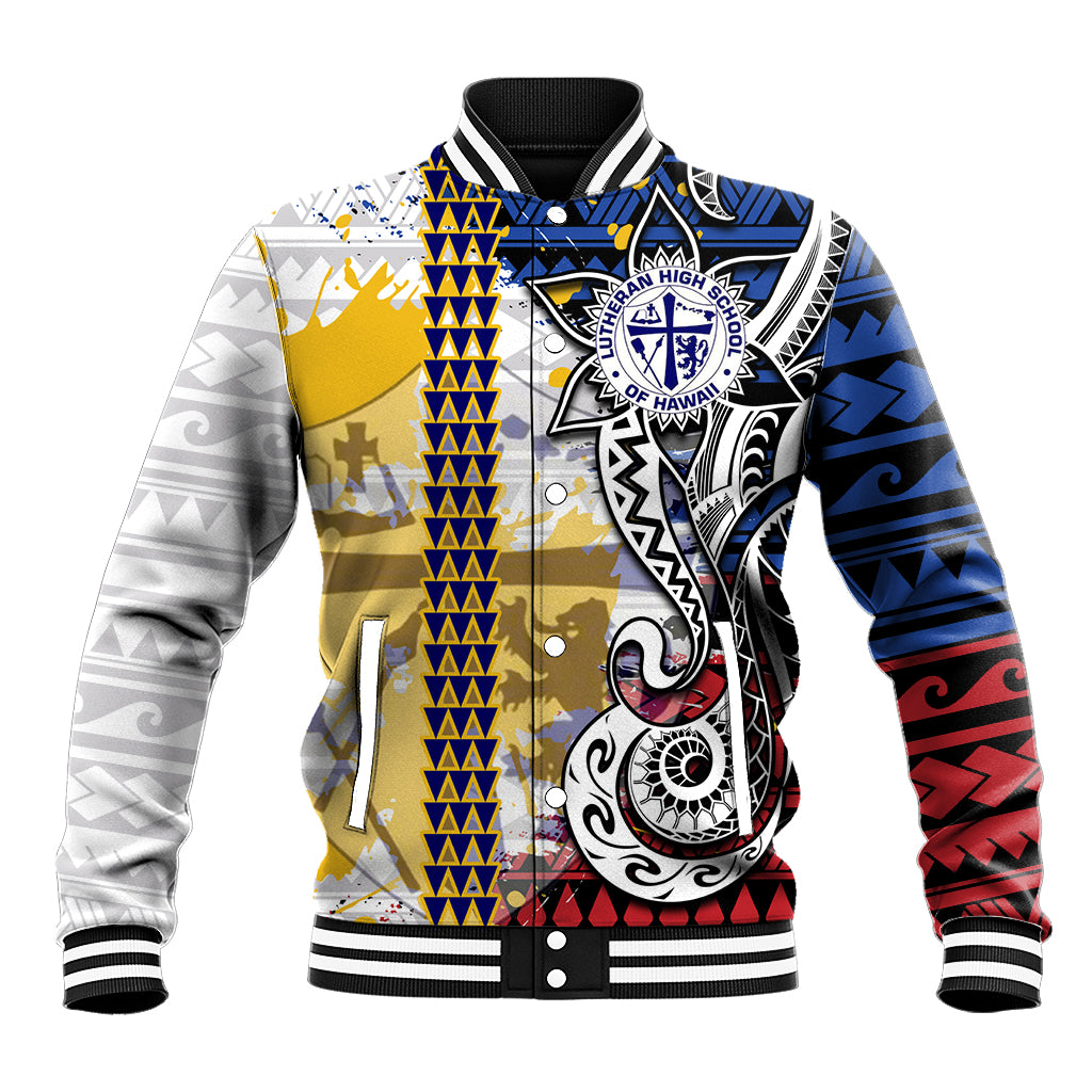 Hawaii Lutheran High School Baseball Jacket Kakau Pattern Splash Style LT03 Unisex Red - Polynesian Pride
