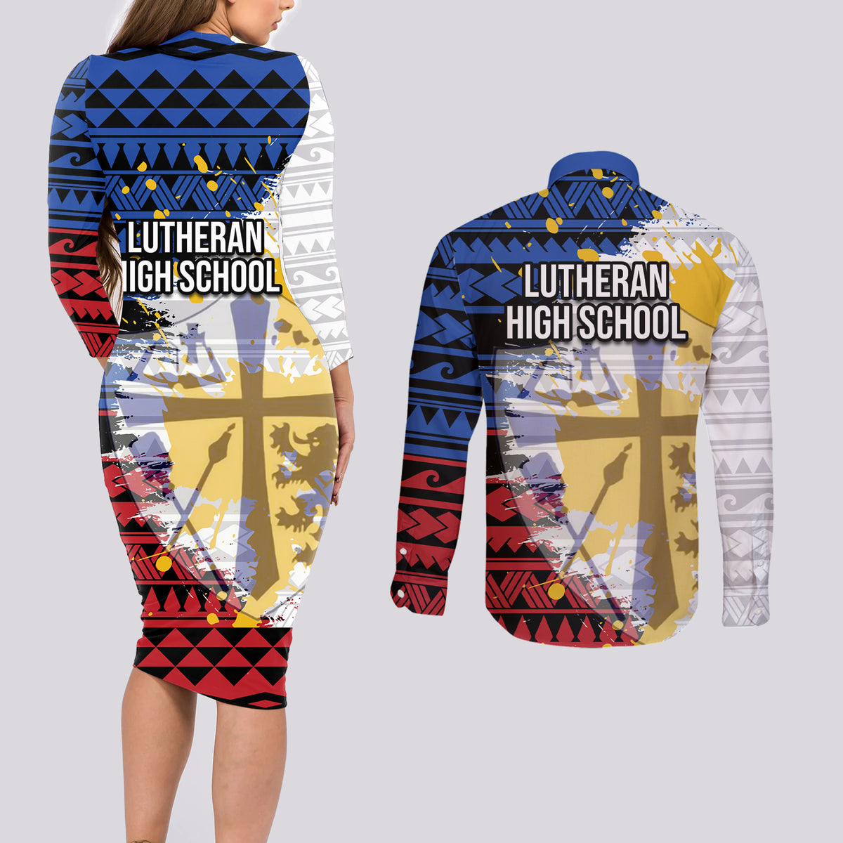 Hawaii Lutheran High School Couples Matching Long Sleeve Bodycon Dress and Long Sleeve Button Shirt Kakau Pattern Splash Style LT03 - Polynesian Pride