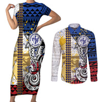 Hawaii Lutheran High School Couples Matching Short Sleeve Bodycon Dress and Long Sleeve Button Shirt Kakau Pattern Splash Style LT03 Red - Polynesian Pride