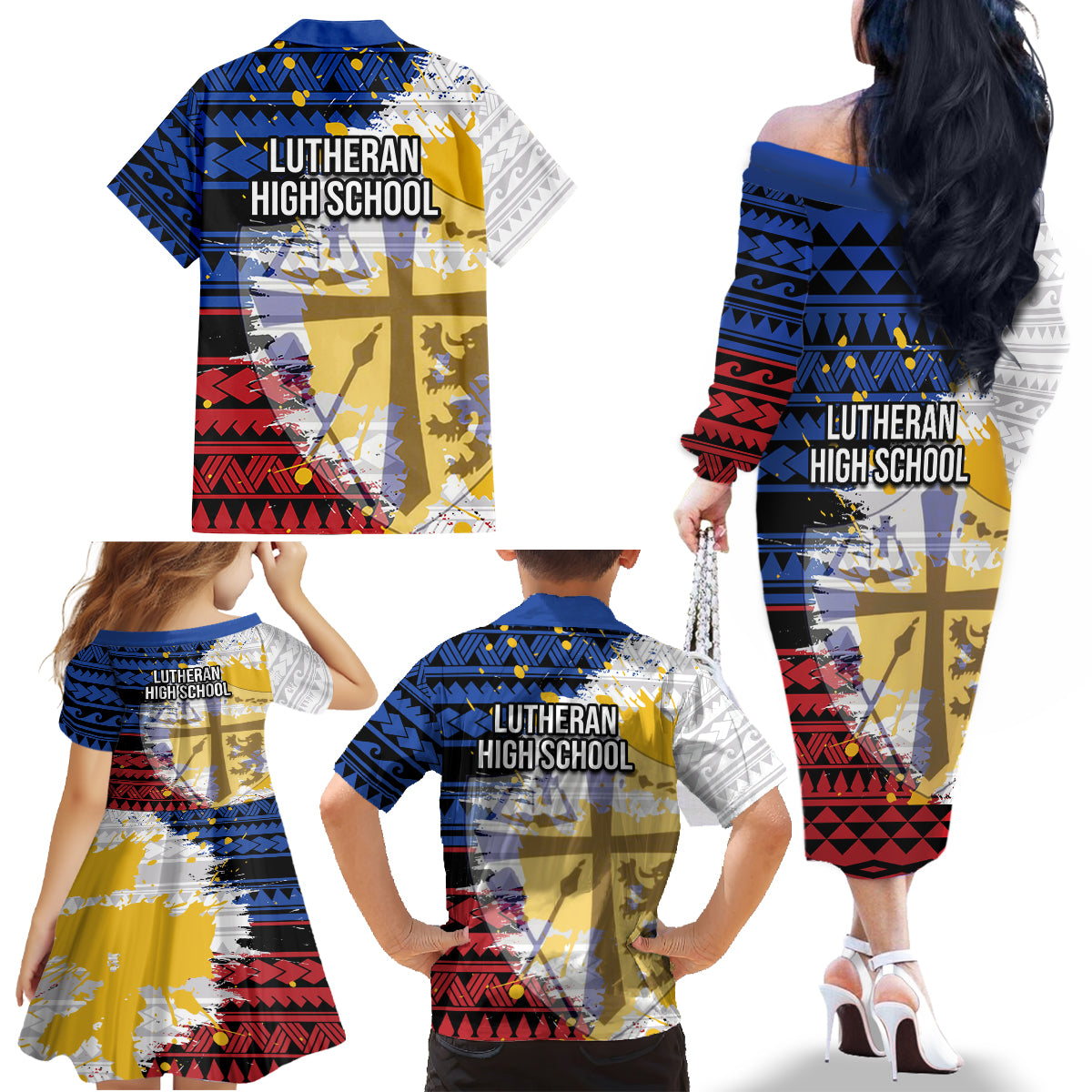 Hawaii Lutheran High School Family Matching Off Shoulder Long Sleeve Dress and Hawaiian Shirt Kakau Pattern Splash Style LT03 - Polynesian Pride
