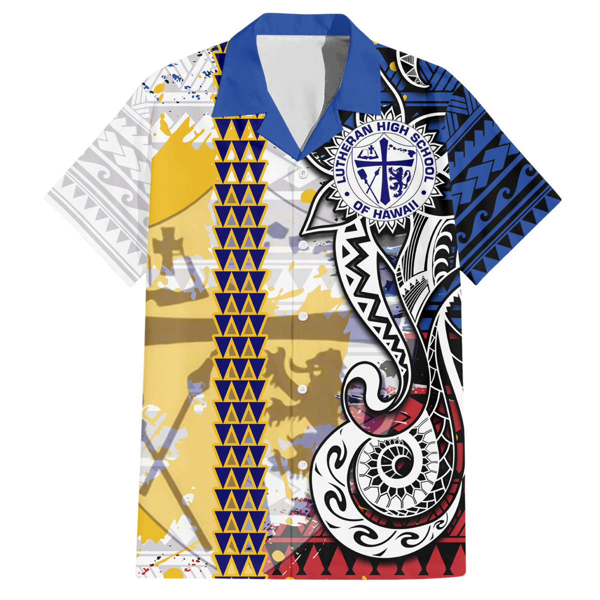 Hawaii Lutheran High School Family Matching Short Sleeve Bodycon Dress and Hawaiian Shirt Kakau Pattern Splash Style LT03 Dad's Shirt - Short Sleeve Red - Polynesian Pride