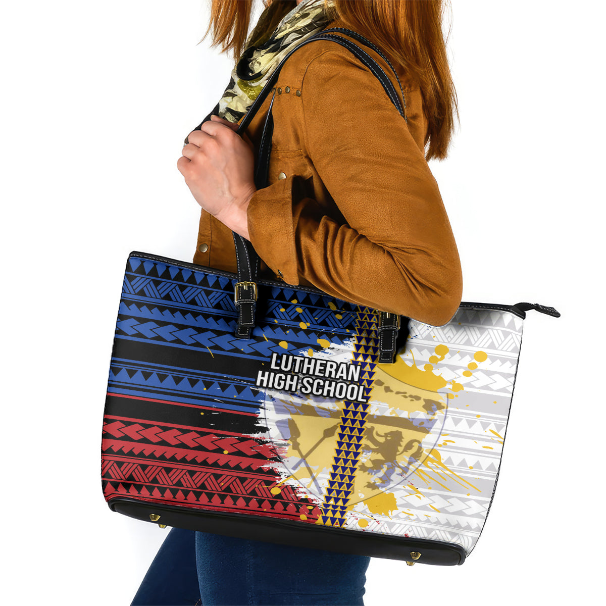 Hawaii Lutheran High School Leather Tote Bag Kakau Pattern Splash Style LT03 Red - Polynesian Pride