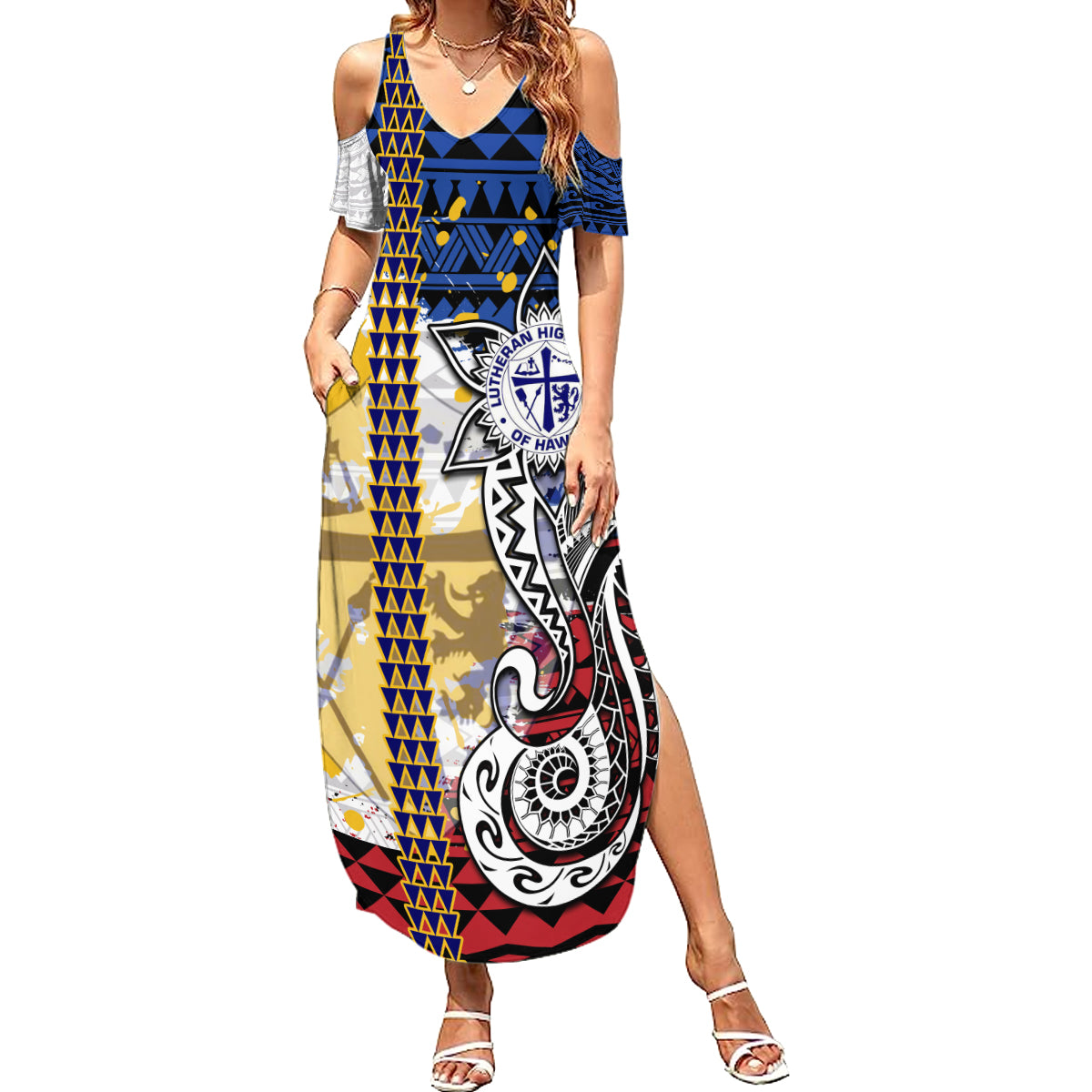 Hawaii Lutheran High School Summer Maxi Dress Kakau Pattern Splash Style LT03 Women Red - Polynesian Pride