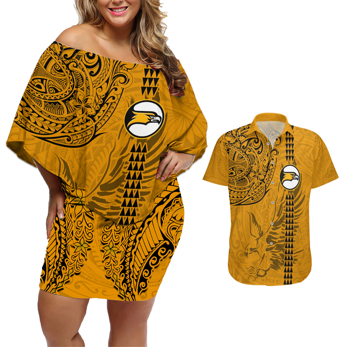 Nanakuli High and Intermediate School Couples Matching Off Shoulder Short Dress and Hawaiian Shirt Tribal Kakau Pattern LT03 Yellow - Polynesian Pride