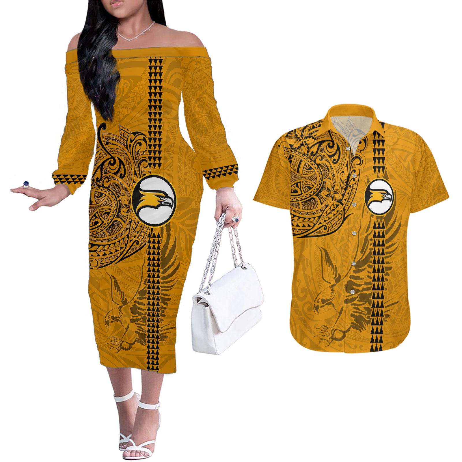Nanakuli High and Intermediate School Couples Matching Off The Shoulder Long Sleeve Dress and Hawaiian Shirt Tribal Kakau Pattern LT03 Yellow - Polynesian Pride