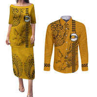 Nanakuli High and Intermediate School Couples Matching Puletasi Dress and Long Sleeve Button Shirt Tribal Kakau Pattern LT03 Yellow - Polynesian Pride