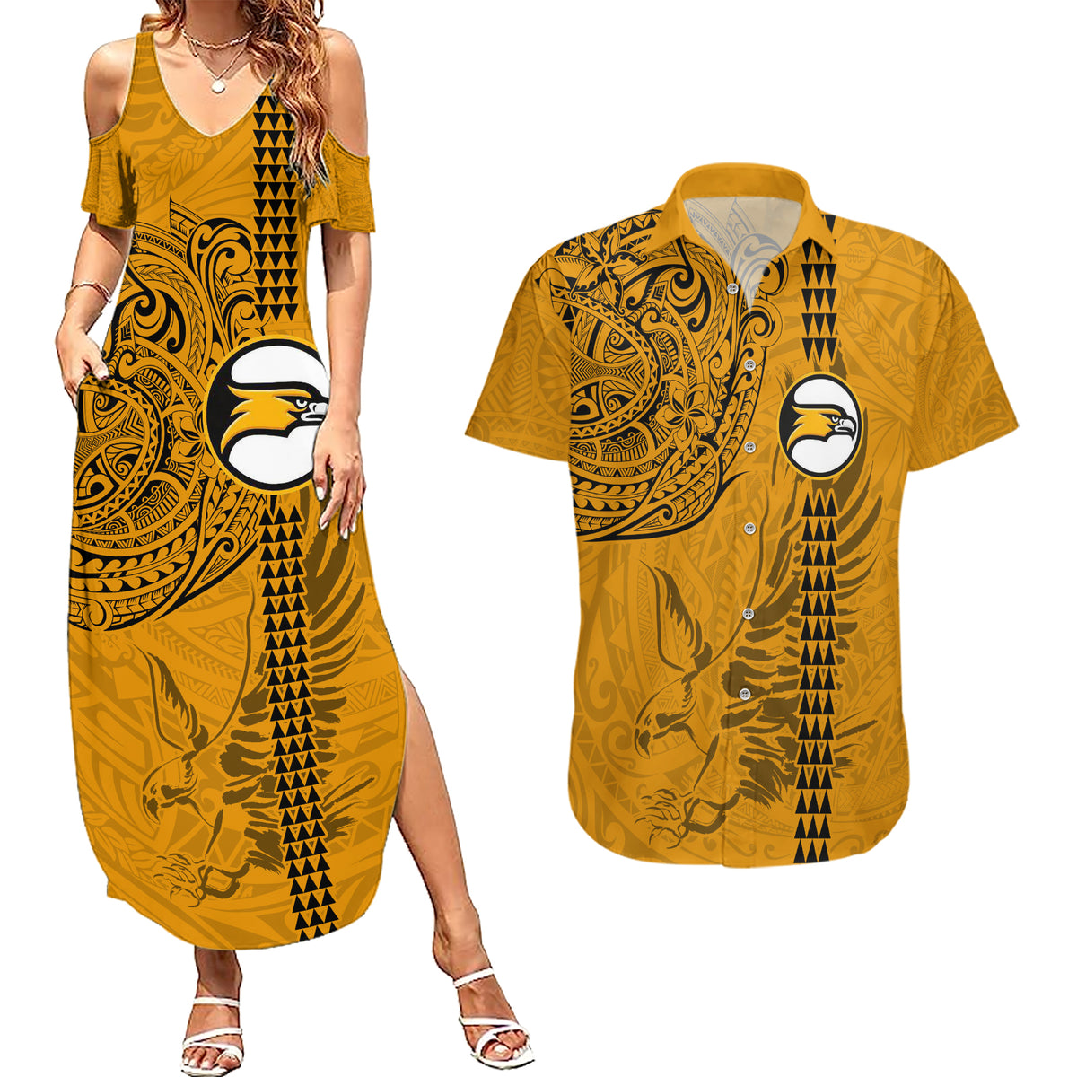 Nanakuli High and Intermediate School Couples Matching Summer Maxi Dress and Hawaiian Shirt Tribal Kakau Pattern LT03 Yellow - Polynesian Pride