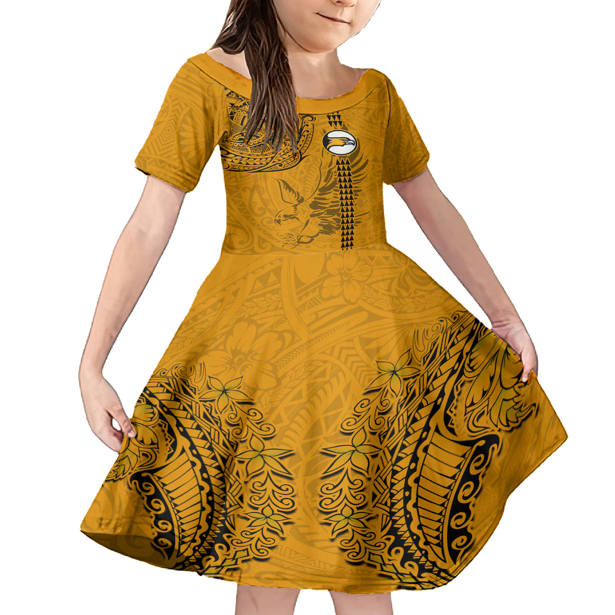 Nanakuli High and Intermediate School Family Matching Puletasi Dress and Hawaiian Shirt Tribal Kakau Pattern LT03 Daughter's Dress Yellow - Polynesian Pride