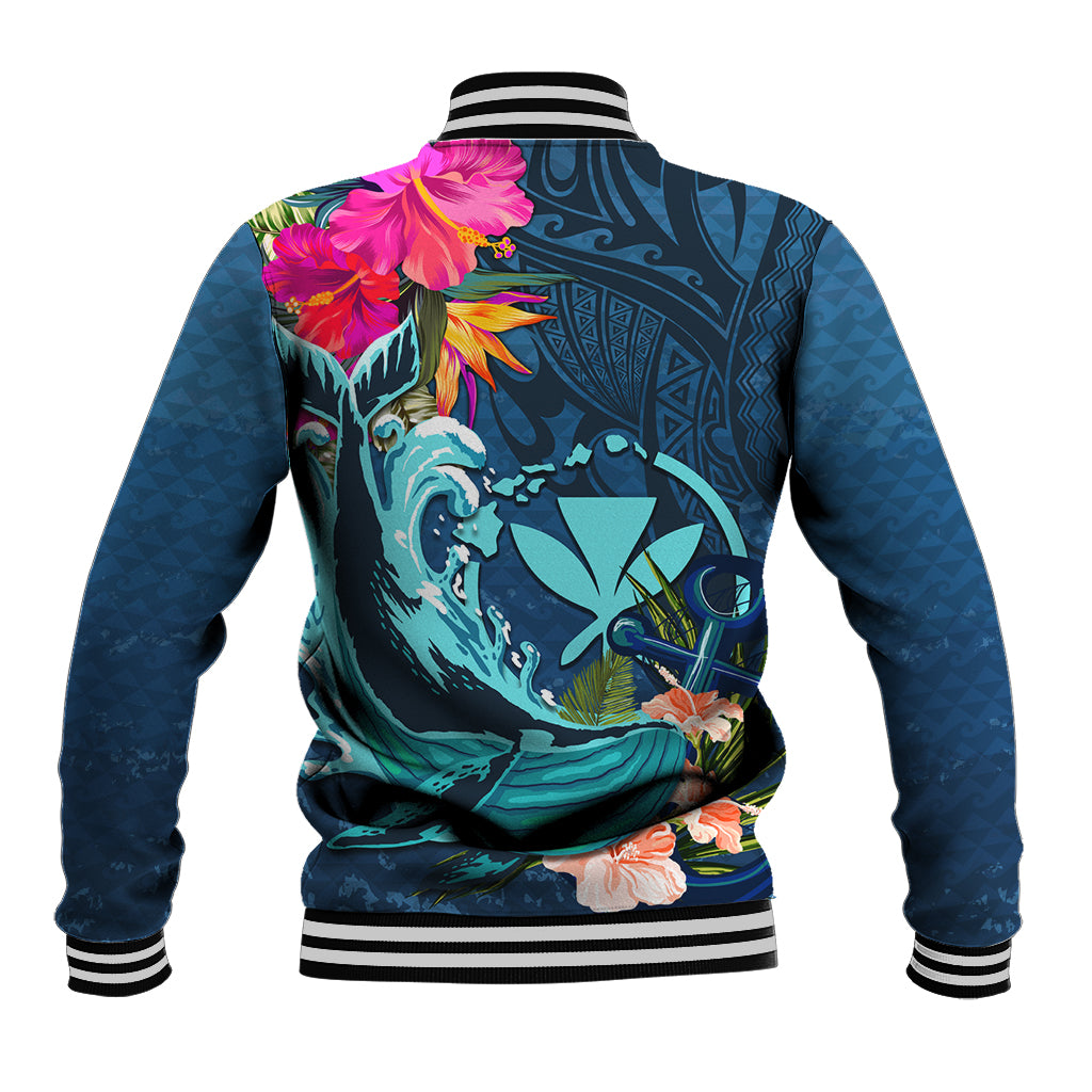 Hawaii Baseball Jacket Whale Mix Hibiscus and Kanaka Maoli Blue Version LT03 - Polynesian Pride