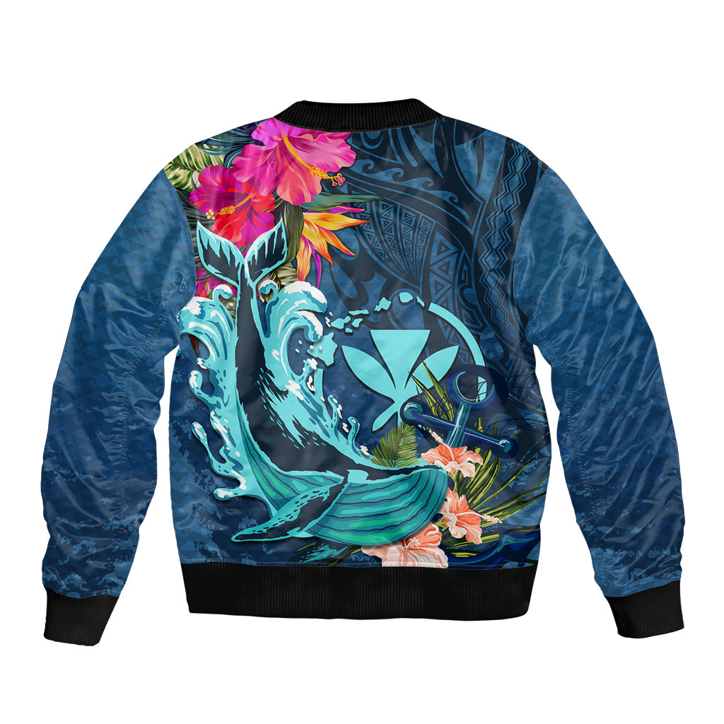 Hawaii Bomber Jacket Whale Mix Hibiscus and Kanaka Maoli Blue Version LT03 - Polynesian Pride