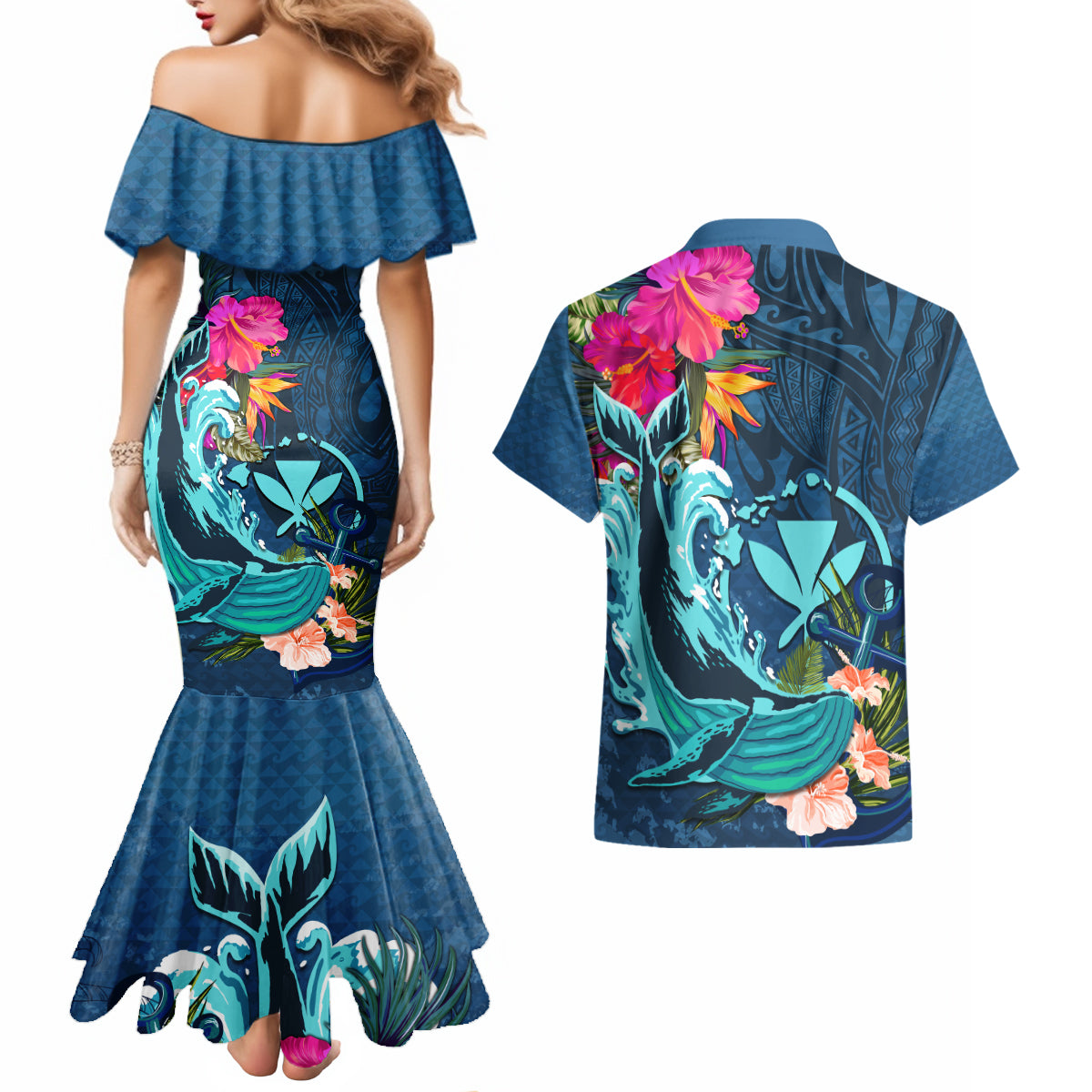 Hawaii Couples Matching Mermaid Dress and Hawaiian Shirt Whale Mix Hibiscus and Kanaka Maoli Blue Version LT03 - Polynesian Pride