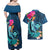 Hawaii Couples Matching Off Shoulder Maxi Dress and Hawaiian Shirt Whale Mix Hibiscus and Kanaka Maoli Blue Version LT03 - Polynesian Pride