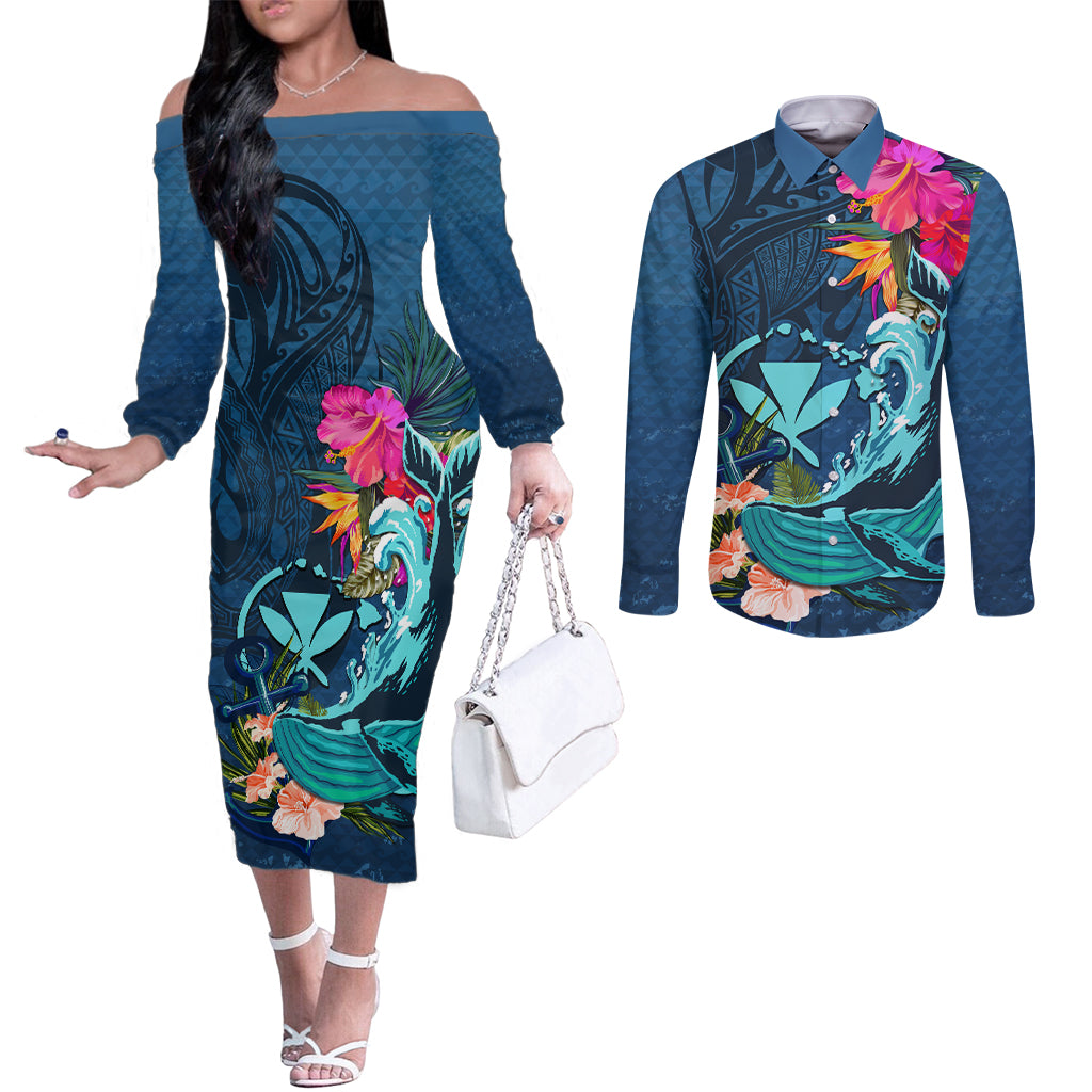 Hawaii Couples Matching Off The Shoulder Long Sleeve Dress and Long Sleeve Button Shirt Whale Mix Hibiscus and Kanaka Maoli Blue Version LT03 Blue - Polynesian Pride