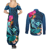 Hawaii Couples Matching Summer Maxi Dress and Long Sleeve Button Shirt Whale Mix Hibiscus and Kanaka Maoli Blue Version LT03 - Polynesian Pride