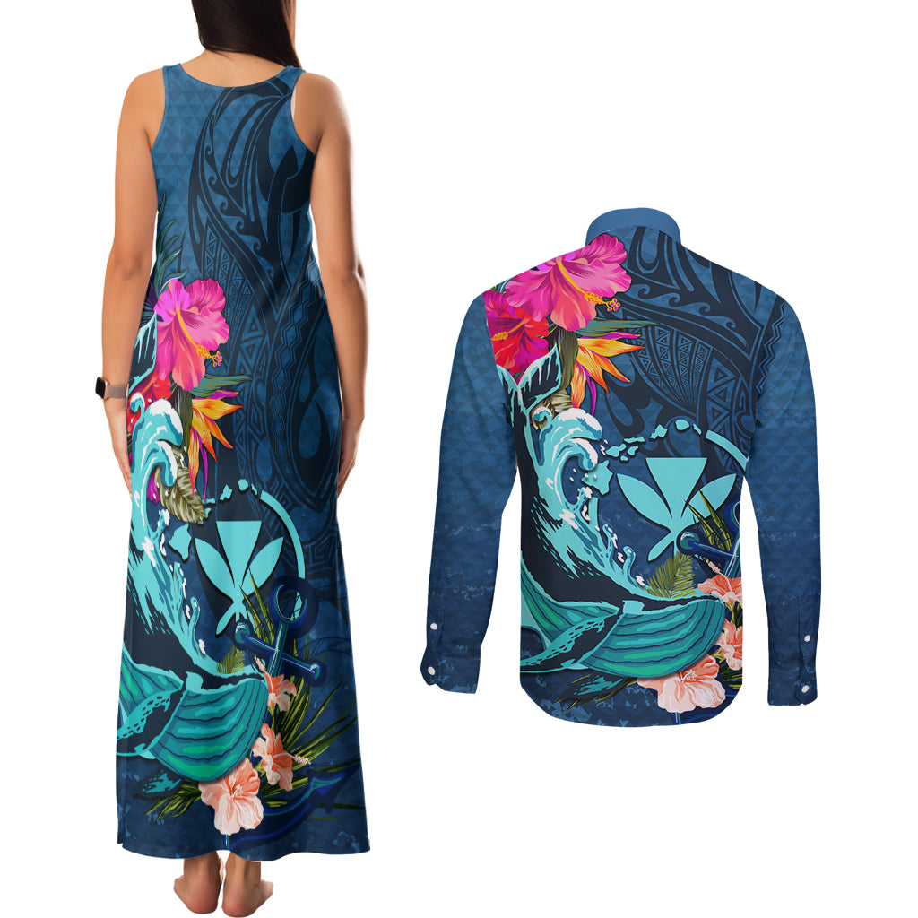 Hawaii Couples Matching Tank Maxi Dress and Long Sleeve Button Shirt Whale Mix Hibiscus and Kanaka Maoli Blue Version LT03 - Polynesian Pride