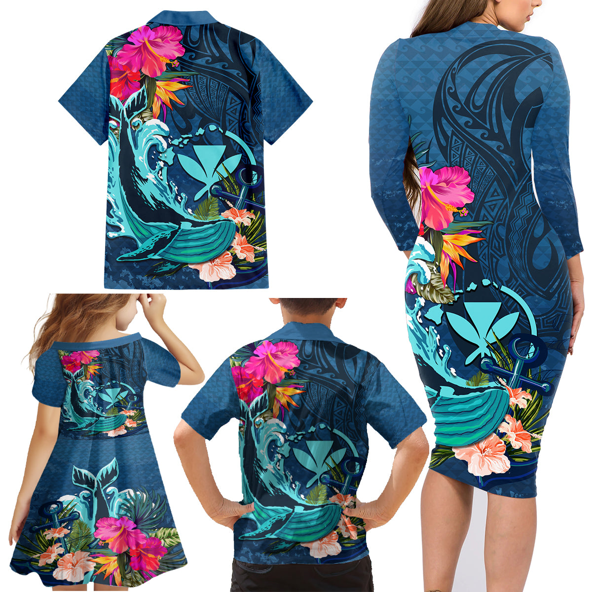 Hawaii Family Matching Long Sleeve Bodycon Dress and Hawaiian Shirt Whale Mix Hibiscus and Kanaka Maoli Blue Version LT03 - Polynesian Pride