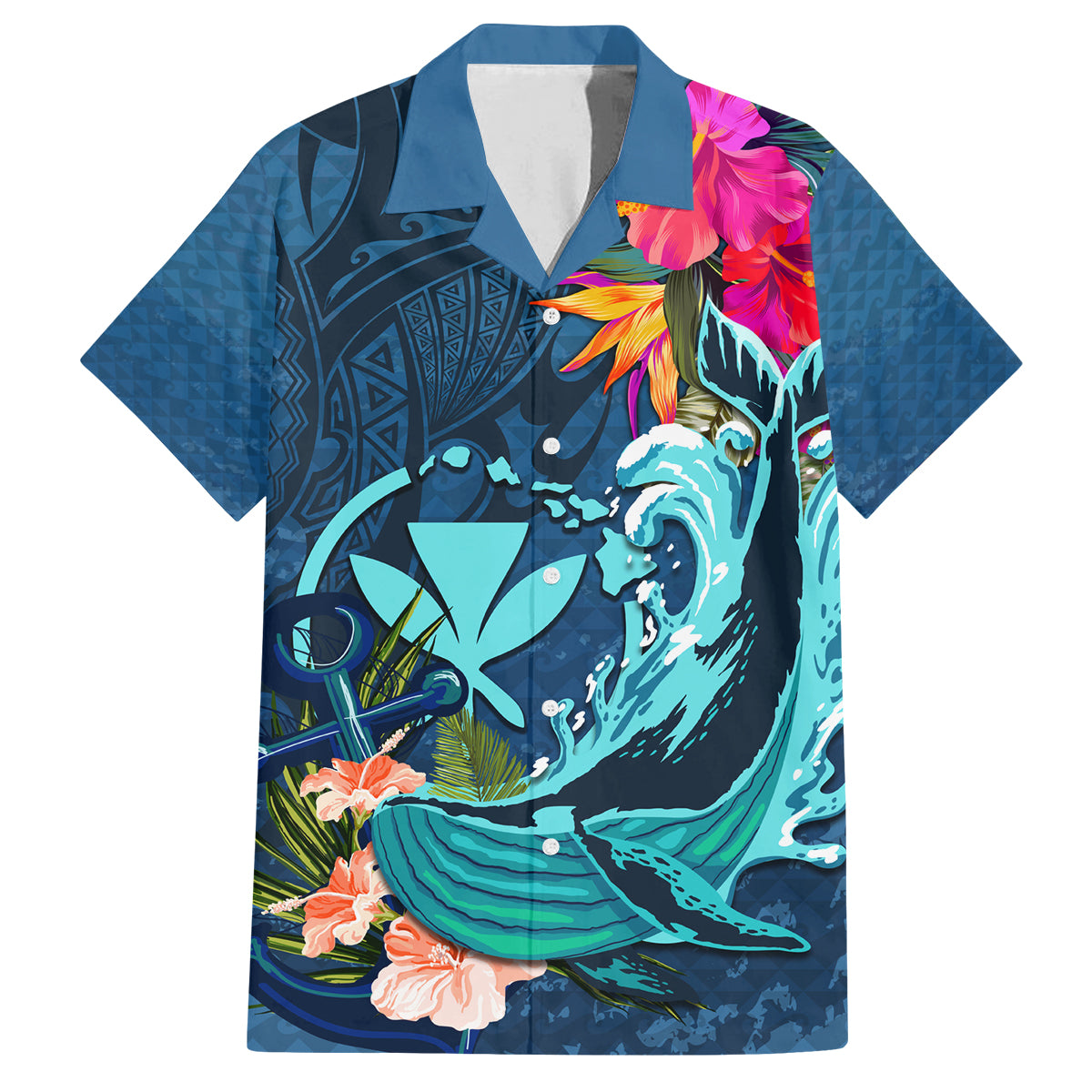 Hawaii Family Matching Off Shoulder Maxi Dress and Hawaiian Shirt Whale Mix Hibiscus and Kanaka Maoli Blue Version LT03 Dad's Shirt - Short Sleeve Blue - Polynesian Pride