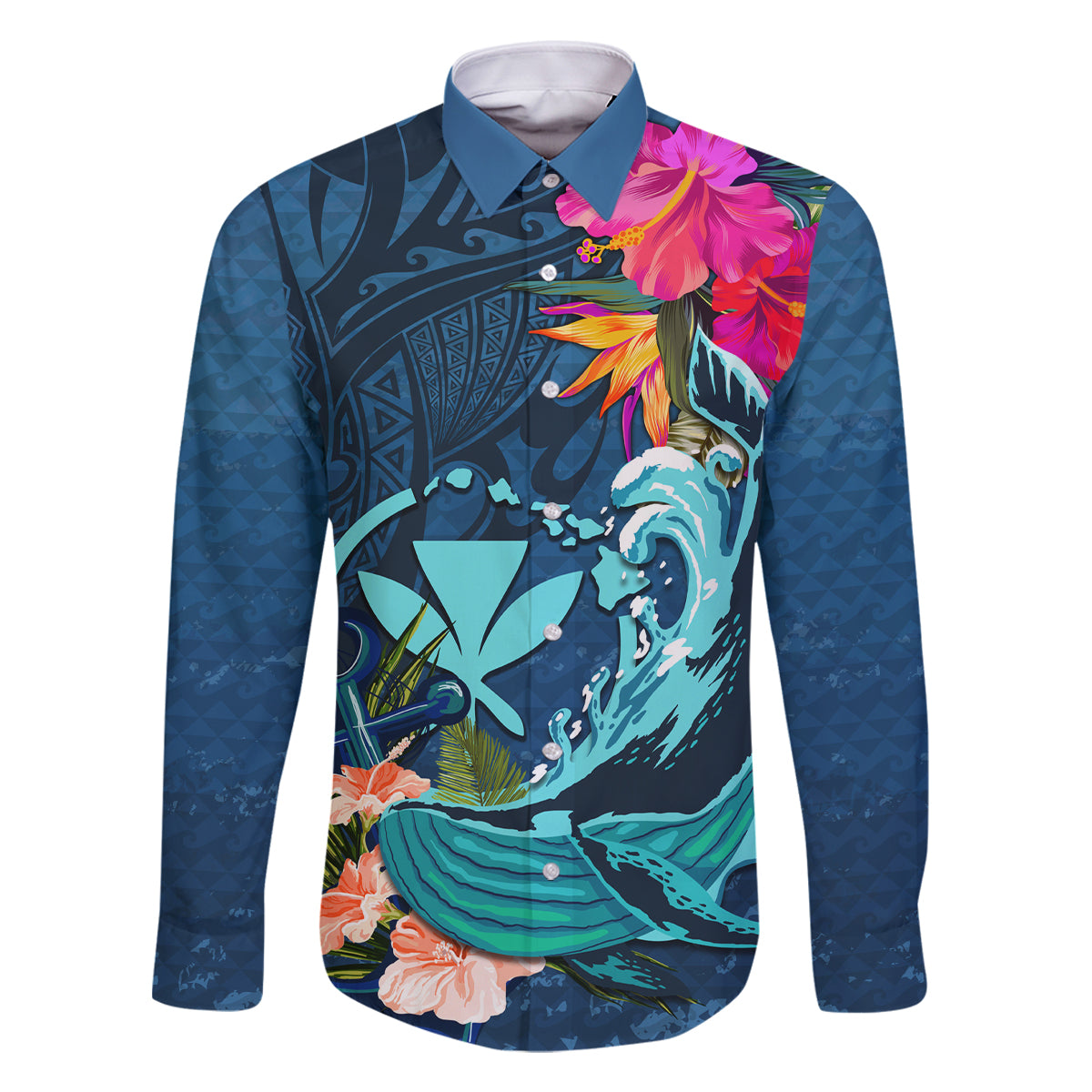 Hawaii Family Matching Off Shoulder Maxi Dress and Hawaiian Shirt Whale Mix Hibiscus and Kanaka Maoli Blue Version LT03 Dad's Shirt - Long Sleeve Blue - Polynesian Pride