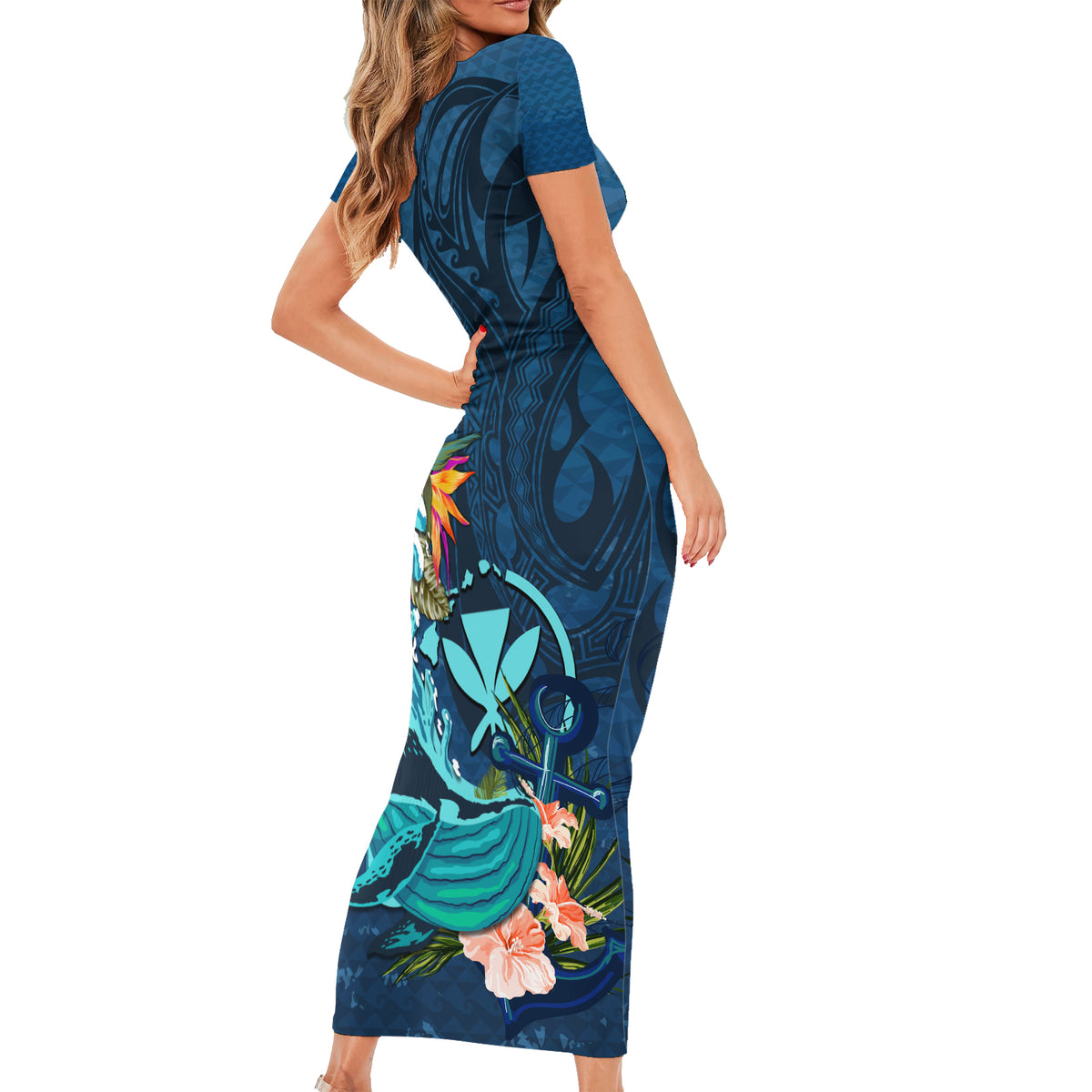 Hawaii Family Matching Short Sleeve Bodycon Dress and Hawaiian Shirt Whale Mix Hibiscus and Kanaka Maoli Blue Version LT03 - Polynesian Pride