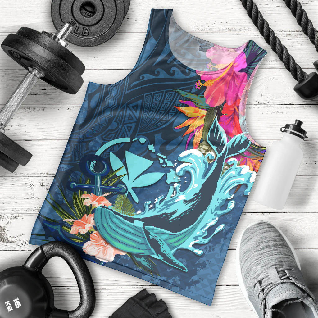 Hawaii Men Tank Top Whale Mix Hibiscus and Kanaka Maoli Blue Version LT03 - Polynesian Pride