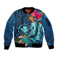 Hawaii Sleeve Zip Bomber Jacket Whale Mix Hibiscus and Kanaka Maoli Blue Version LT03 Unisex Blue - Polynesian Pride