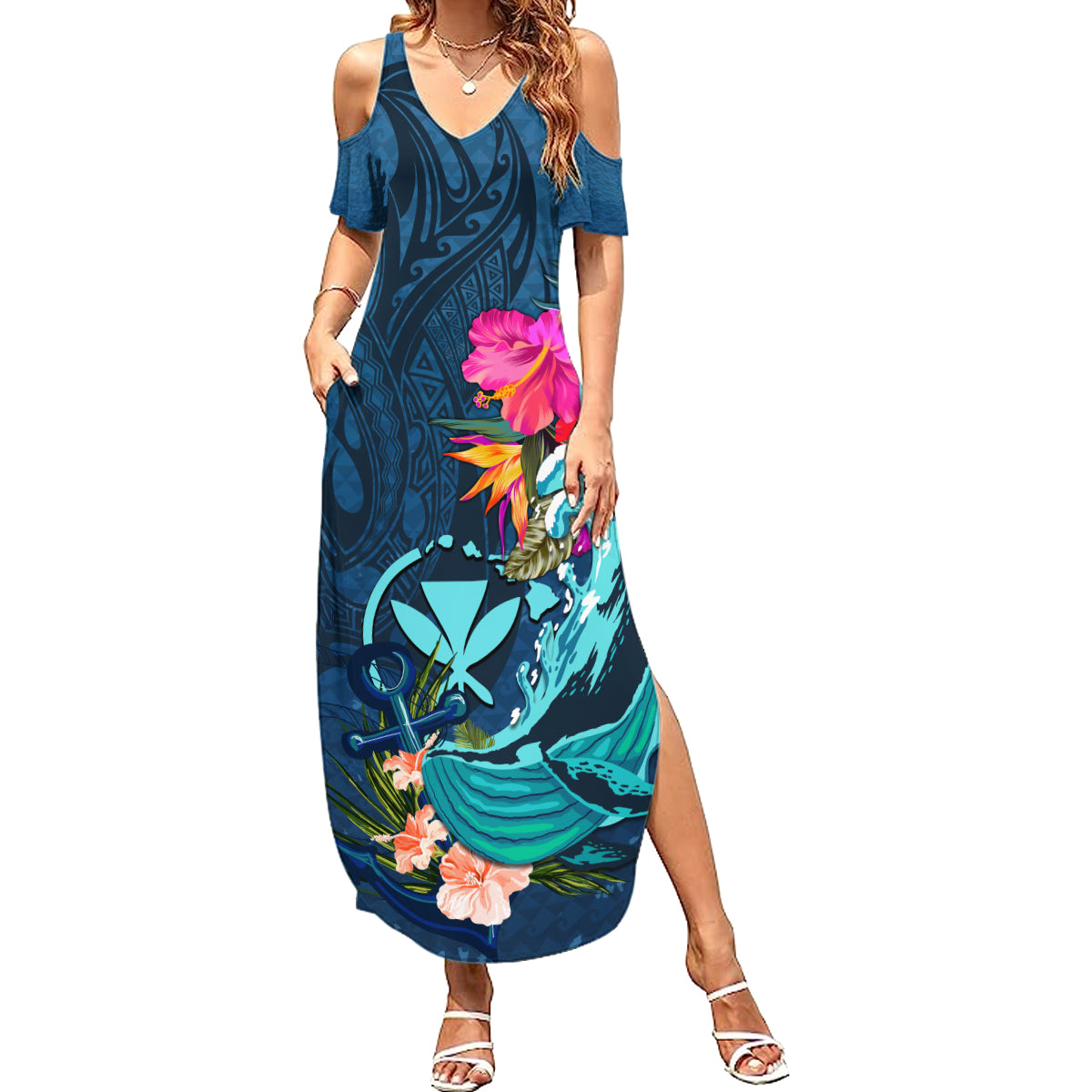 Hawaii Summer Maxi Dress Whale Mix Hibiscus and Kanaka Maoli Blue Version LT03 Women Blue - Polynesian Pride