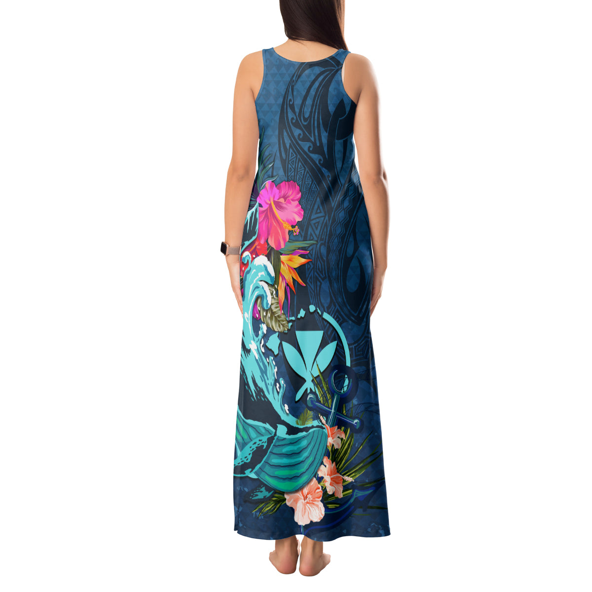 Hawaii Tank Maxi Dress Whale Mix Hibiscus and Kanaka Maoli Blue Version LT03 - Polynesian Pride