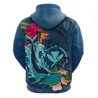 Hawaii Zip Hoodie Whale Mix Hibiscus and Kanaka Maoli Blue Version LT03 - Polynesian Pride