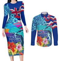 Hawaii Race For Whales Couples Matching Long Sleeve Bodycon Dress and Long Sleeve Button Shirt Flag and Polynesian Hibiscus LT03 Blue - Polynesian Pride