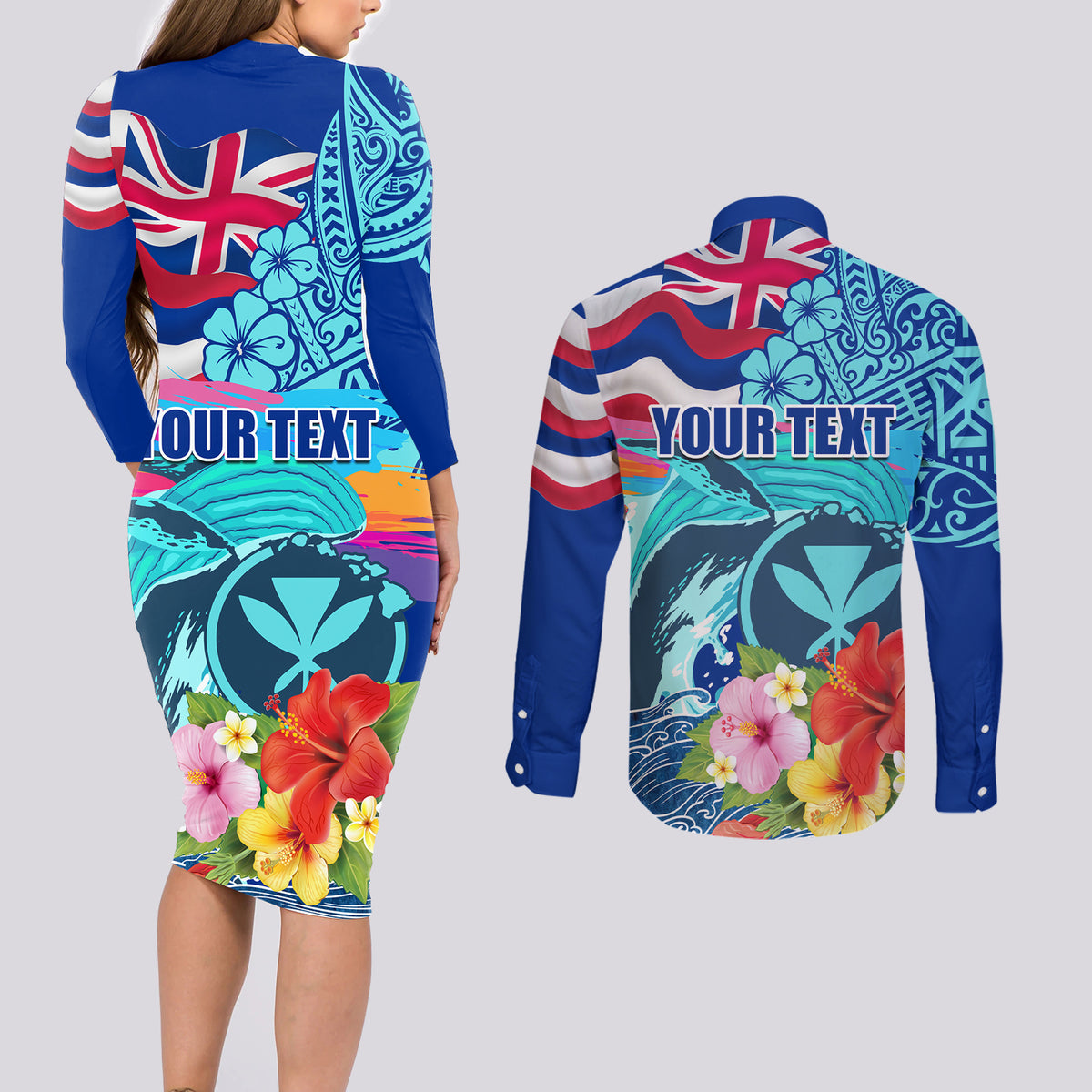 Hawaii Race For Whales Couples Matching Long Sleeve Bodycon Dress and Long Sleeve Button Shirt Flag and Polynesian Hibiscus LT03 - Polynesian Pride