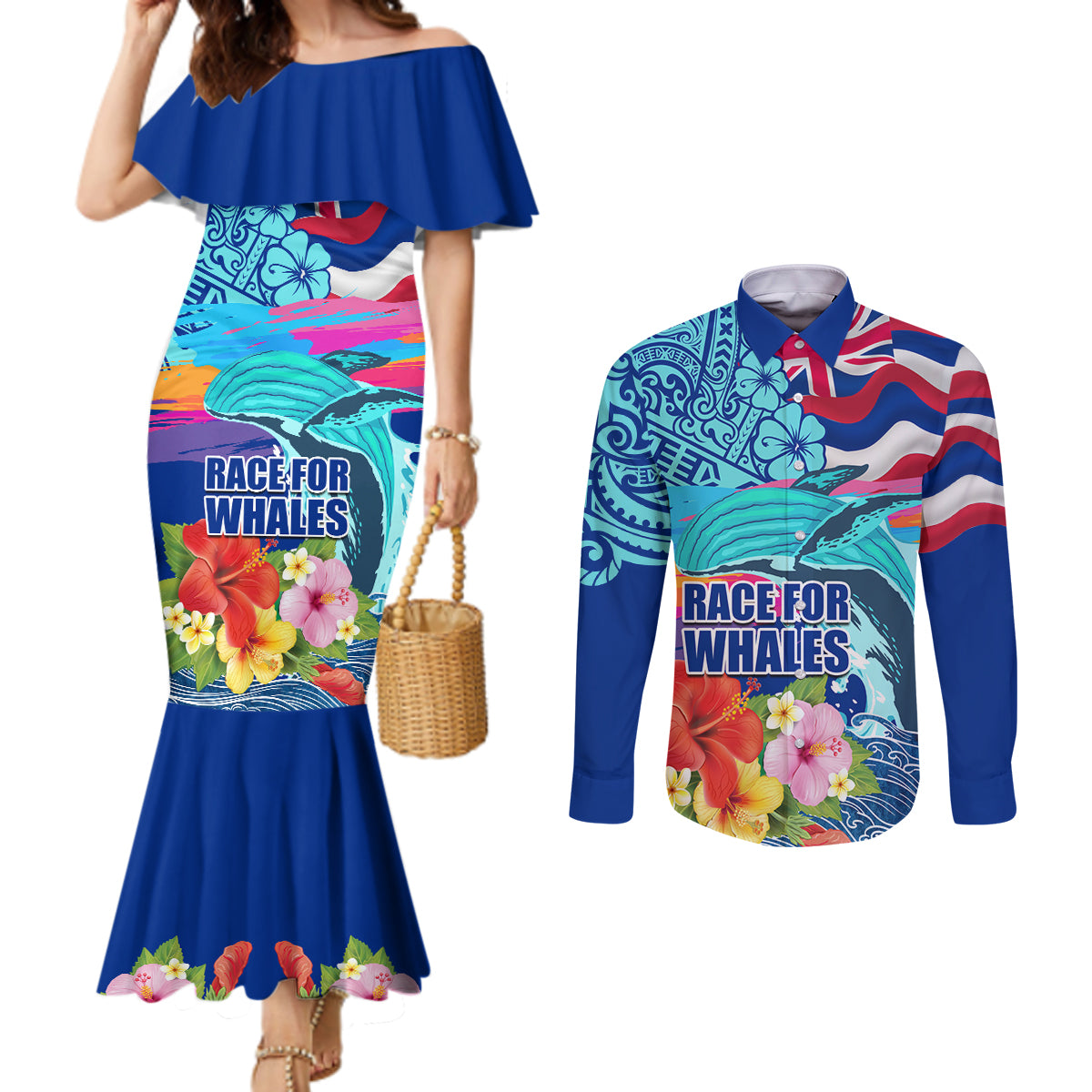 Hawaii Race For Whales Couples Matching Mermaid Dress and Long Sleeve Button Shirt Flag and Polynesian Hibiscus LT03 Blue - Polynesian Pride
