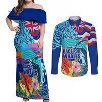 Hawaii Race For Whales Couples Matching Off Shoulder Maxi Dress and Long Sleeve Button Shirt Flag and Polynesian Hibiscus LT03 Blue - Polynesian Pride