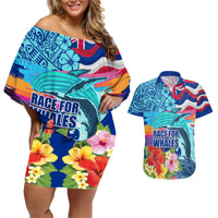 Hawaii Race For Whales Couples Matching Off Shoulder Short Dress and Hawaiian Shirt Flag and Polynesian Hibiscus LT03 Blue - Polynesian Pride