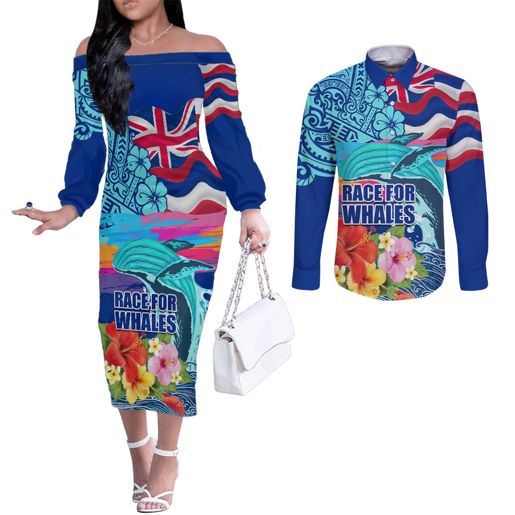 Hawaii Race For Whales Couples Matching Off The Shoulder Long Sleeve Dress and Long Sleeve Button Shirt Flag and Polynesian Hibiscus LT03 Blue - Polynesian Pride