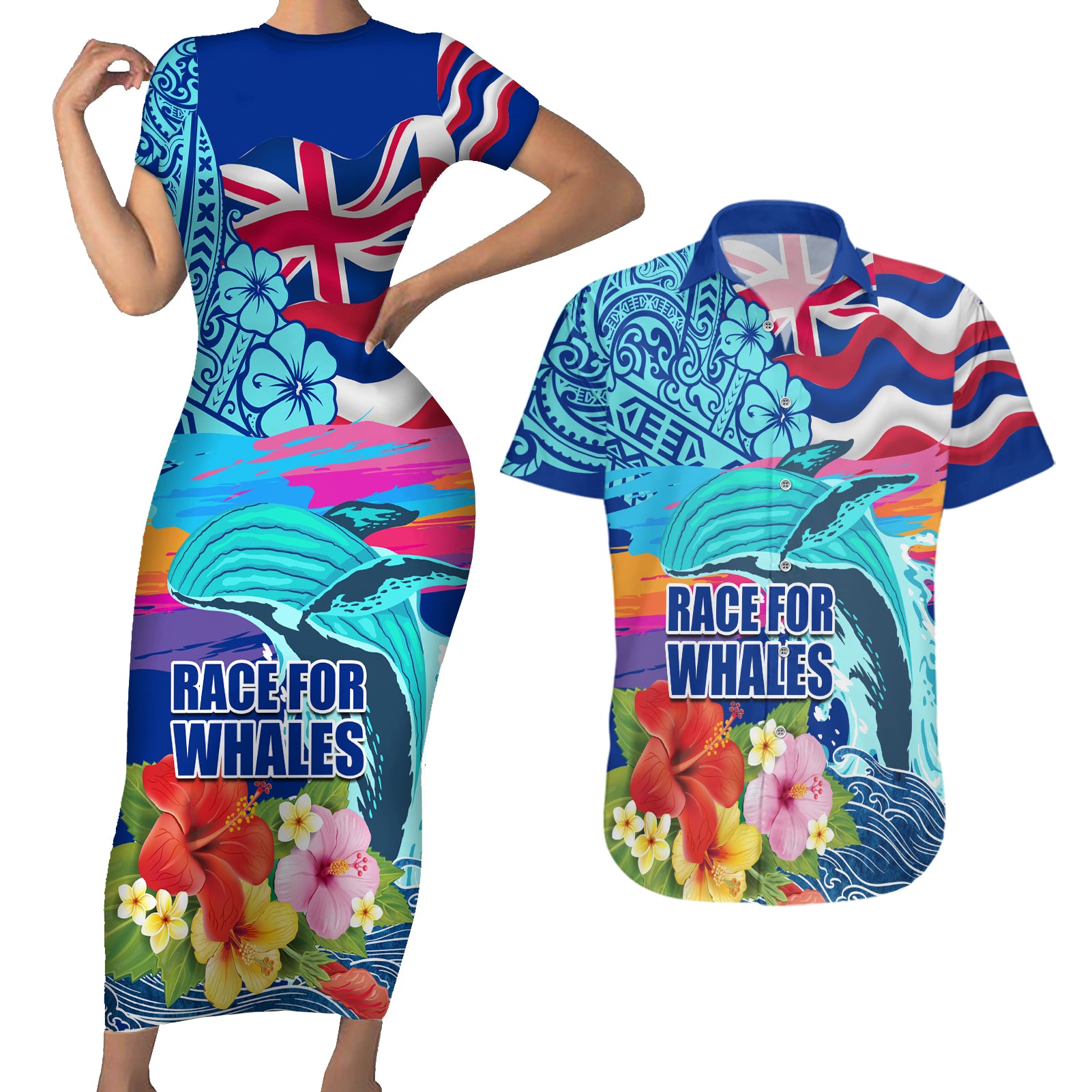 Hawaii Race For Whales Couples Matching Short Sleeve Bodycon Dress and Hawaiian Shirt Flag and Polynesian Hibiscus LT03 Blue - Polynesian Pride