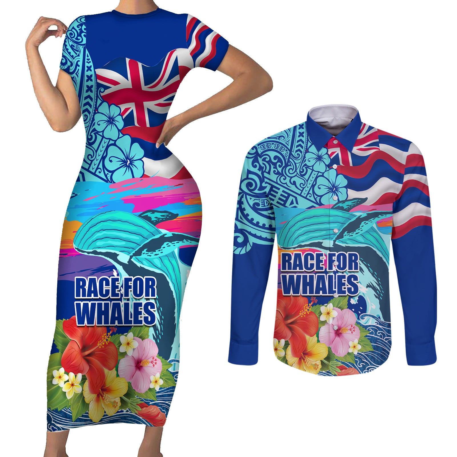 Hawaii Race For Whales Couples Matching Short Sleeve Bodycon Dress and Long Sleeve Button Shirt Flag and Polynesian Hibiscus LT03 Blue - Polynesian Pride