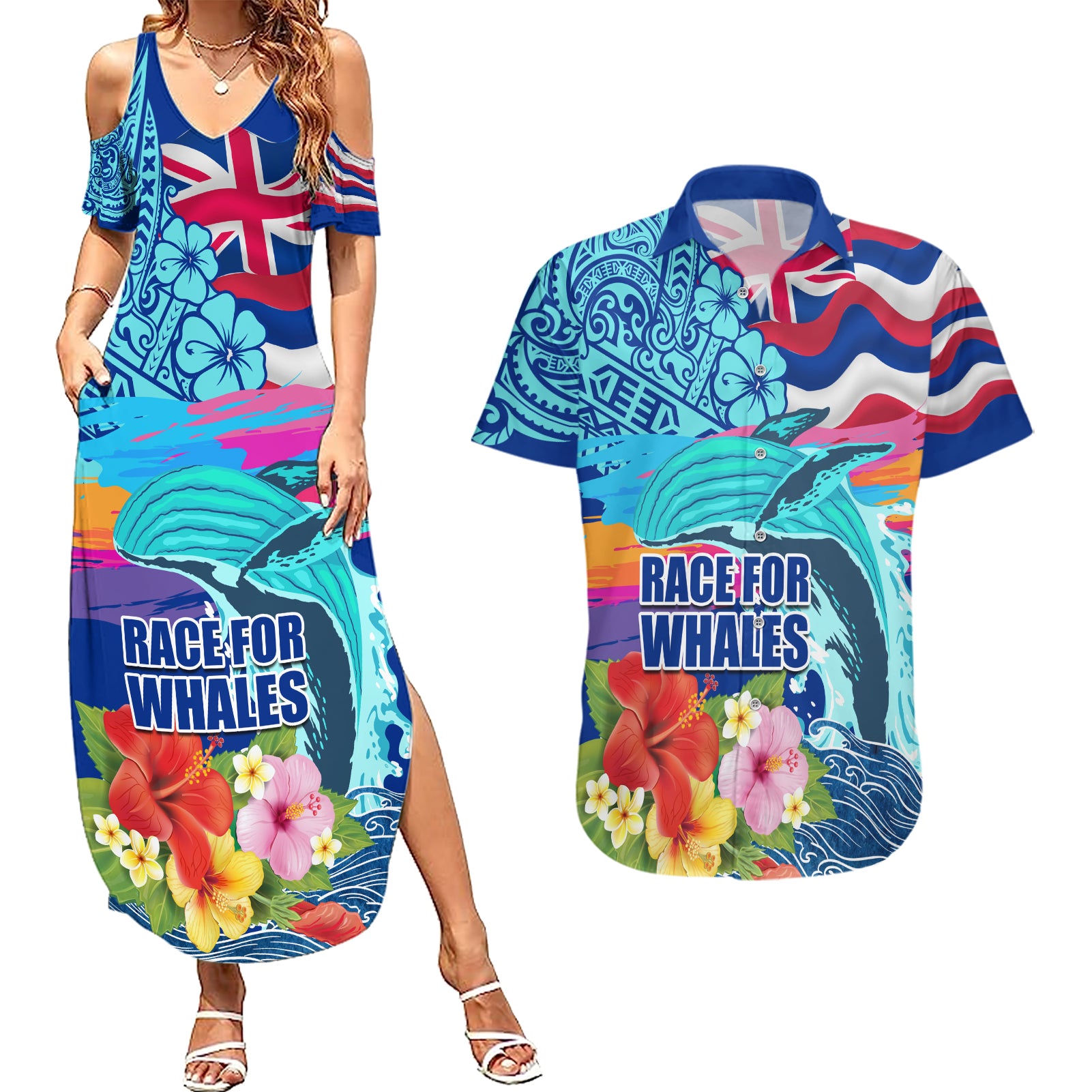 Hawaii Race For Whales Couples Matching Summer Maxi Dress and Hawaiian Shirt Flag and Polynesian Hibiscus LT03 Blue - Polynesian Pride